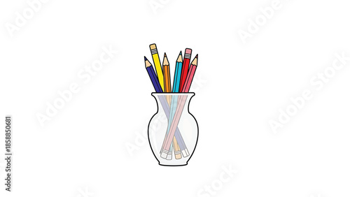 Colorful pencils, sharpened and unsharpened, neatly arranged in a clear glass vase on a white background