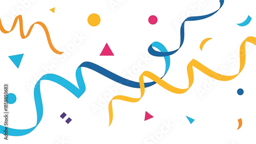 Colorful ribbons and scattered confetti shapes create a festive, celebratory background on a clean white canvas