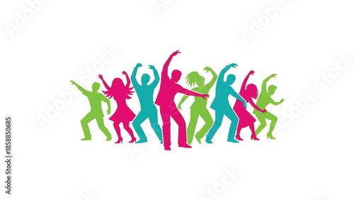 Colorful silhouettes of lively people dancing in various dynamic poses on a white background
