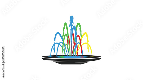 Colorful water jets erupting from a dark basin, depicted in a vibrant graphic style on white
