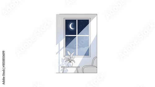 Cozy room illustration with window revealing night sky, crescent moon, stars. Potted plant on table, chair