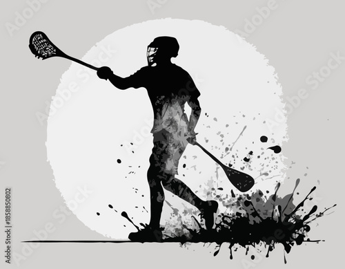 Lacrosse Player Silhouette with Grunge Spray Paint Effect in Monochrome