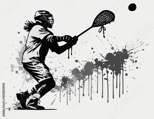 Lacrosse Player Silhouette with Grunge Spray Paint Effect in Monochrome