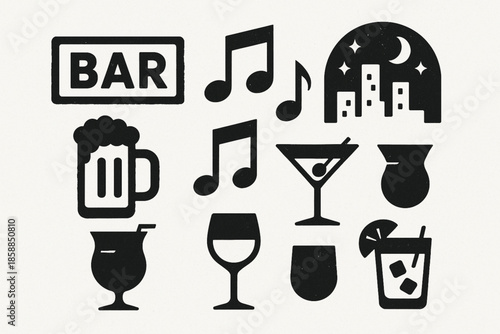 Uruguayan nightlife vector icons rugged flat style
