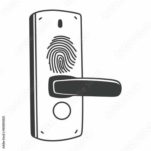 Biometric door handle, black and white minimalism, a symbol of safety and innovation, an illustration for articles about smart-home technologies or advertisements for smart locks