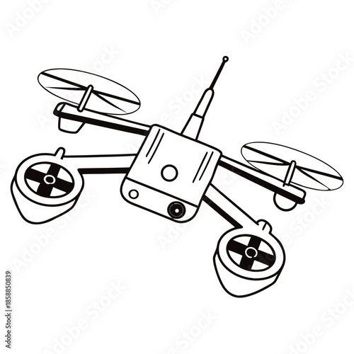 Contour sketch of a quadcopter in strict monochrome graphics visualization of aerial photography and robotic voyeurism. International Drone Day or World Science Day.