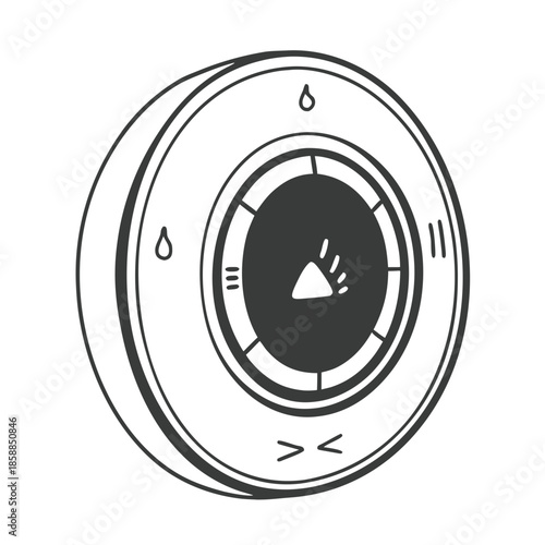 Contour sketch of an intelligent round thermostat in black and white, visualizing the setting of the microclimate, energy efficiency, smart home system management and resource consumption