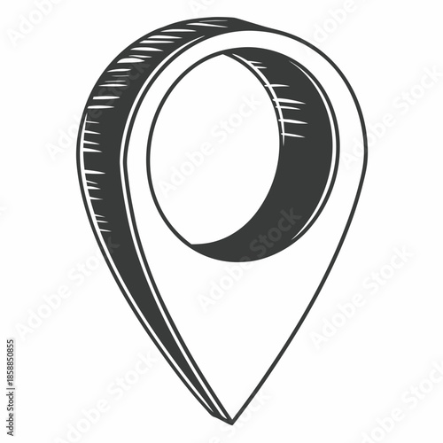 Geometric coordinate marker in the style of a graphic sketch with imitation ink, charcoal-gray shades, the embodiment of the concept of global navigation and a unique destination