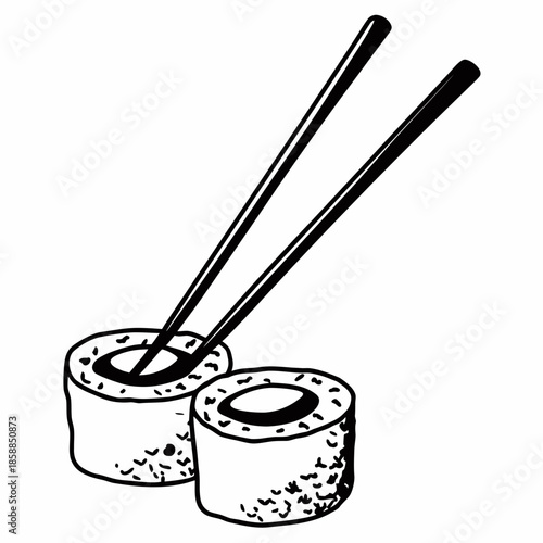 Delicious snack: sushi with chopsticks, minimalistic black and white drawing for a restaurant menu or culinary blog