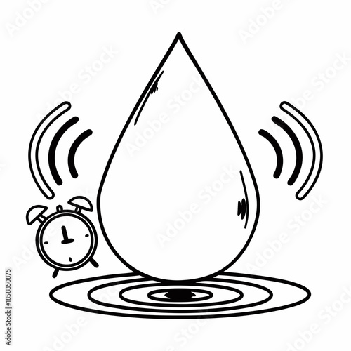 A giant drop of water, an alarm clock next to it, and waves indicating sound or vibration. A metaphor for a reminder of a drinking regime or water shortage.