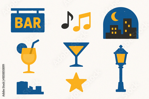 Uruguayan nightlife vector icons rugged flat style