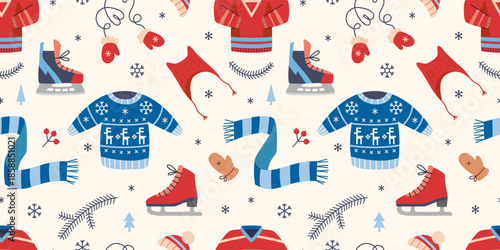 Seamless pattern with ice skating equipment and clothing for winter sport, leisure and outdoor recreation. Trendy vector illustration on a light background, hand drawn, flat design