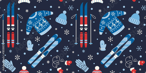 Seamless pattern with skiing equipment and clothing for winter sport, outdoor activity and seasonal recreation. Trendy vector illustration on a dark blue background, hand drawn, flat design