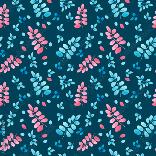 Pattern with small leaves on a dark blue. Watercolor illustration, drawing for fabric.