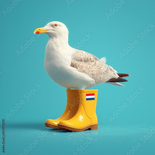 Surreales Studiofoto einer Möwe, die aufrecht in auffälligen gelben Gummistiefeln steht. Der neutrale Hintergrund und die klare Lichtführung lenken den Fokus auf das ungewöhnliche Detail Flagge