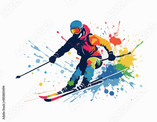 Dynamic Skier Silhouette in Ink Splatter Design