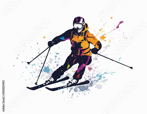 Dynamic Skier Silhouette in Ink Splatter Design