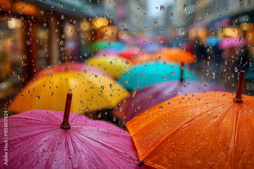 Colorful umbrellas brighten a rainy day at a bustling street market