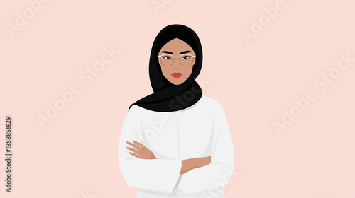 A clean flat vector illustration portraying a confident Muslim businesswoman wearing a black hijab and modern professional attire, standing against a soft pastel pink background. S