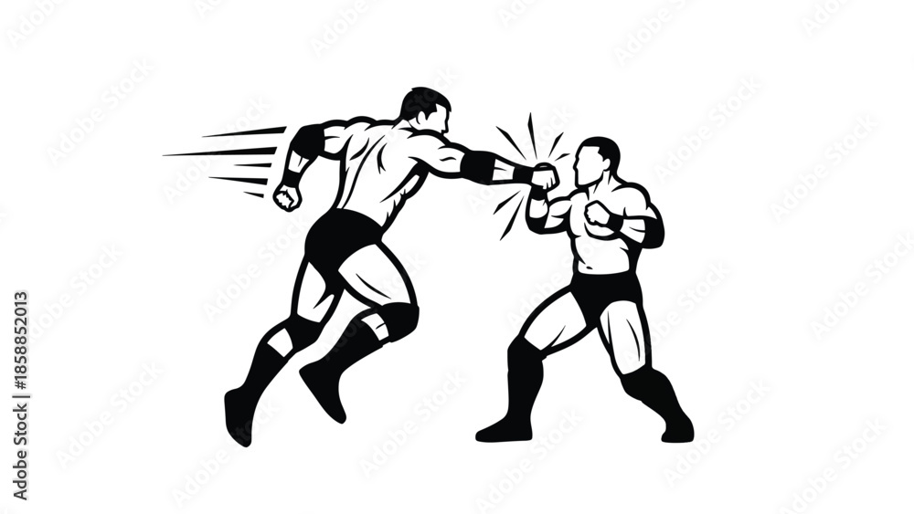 Fototapeta premium Dynamic black and white illustration of two muscular male athletes in a wrestling match, exchanging punches
