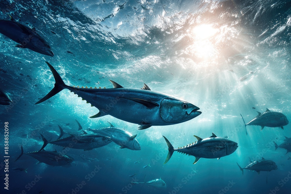 Fototapeta premium Underwater scene with tuna fish swimming in ocean sunlight