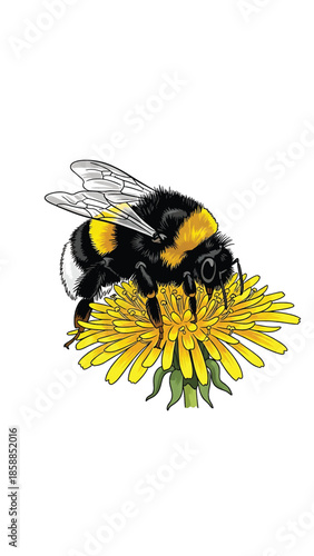 Detailed illustration of a fuzzy bumblebee with yellow and black stripes on a bright yellow dandelion flower