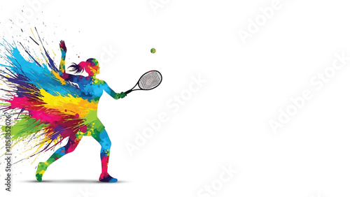 Dynamic, colorful paint splatter silhouette of a female tennis player mid-serve with a racket and ball