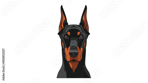 Digital illustration of a doberman dog's head, black and tan, facing forward, white background