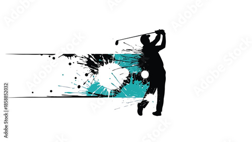 Dynamic silhouette of a golfer mid-swing, surrounded by vibrant black and teal paint splatters