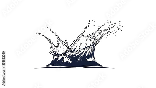 Dynamic, stylized dark blue water splash with droplets, isolated on white background, in a graphic art style