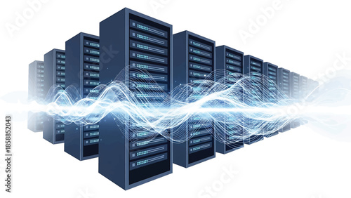 Digital server racks with vibrant blue data streams flowing through them, representing information flow