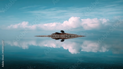 Wallpaper Mural Serene Island Reflections on Calm Blue Lake Under Puffy Cloudy Sky Torontodigital.ca