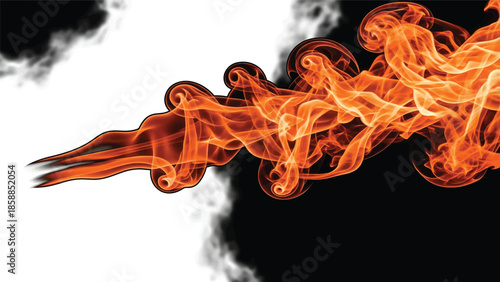 Dynamic, stylized orange and red flame-like abstract shapes flow across a split black and white background