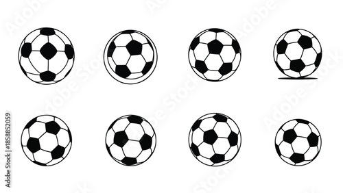 Eight stylized black and white soccer ball icons in various perspectives on a plain white background