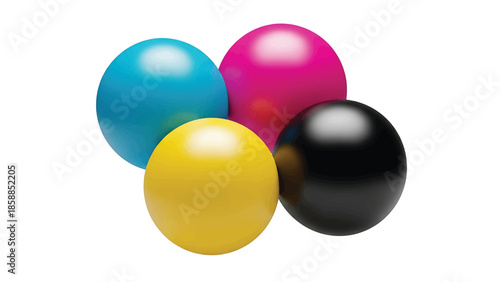 Four glossy, egg-shaped objects in CMYK colors (cyan, magenta, yellow, black) overlapping on white