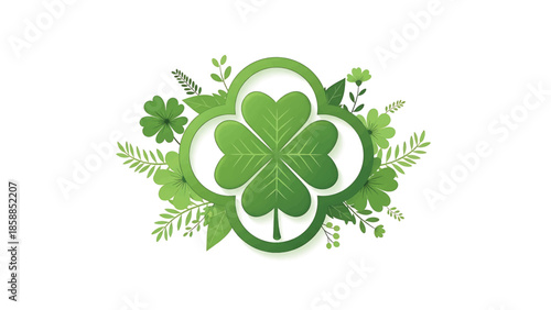 Four-leaf clover in decorative green frame surrounded by foliage and small flowers on a white background