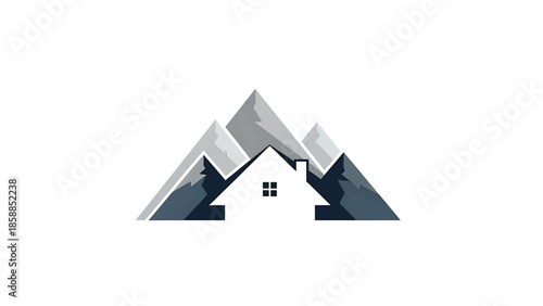Geometric logo showing a house with a chimney nested within abstract mountains in shades of grey and blue
