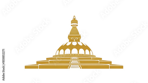Golden silhouette of a multi-tiered religious structure resembling a stupa with spiritual eyes on a white background