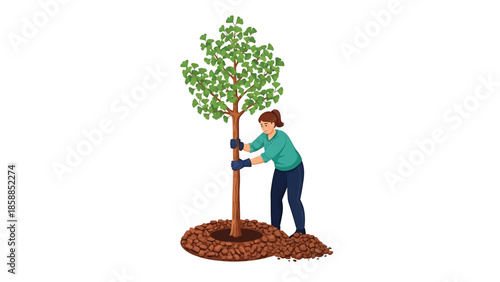 Gloved person carefully planting a young green-leafed tree into a mound of brown soil