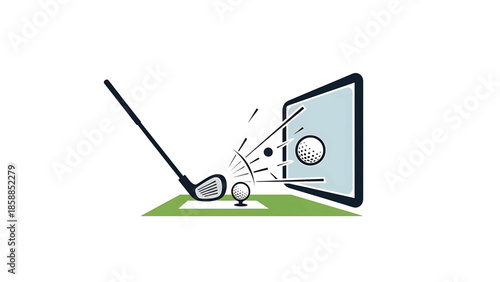 Golf club striking a ball on a green mat, with the ball trajectory heading towards a digital screen