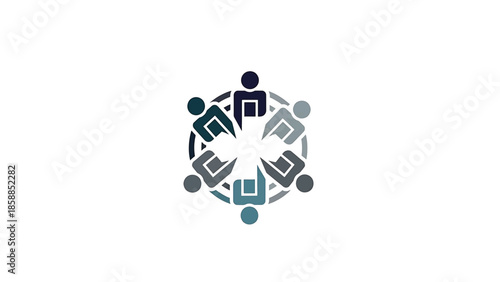 Graphic design of six stylized figures in a circle, symbolizing community, teamwork, unity, or network