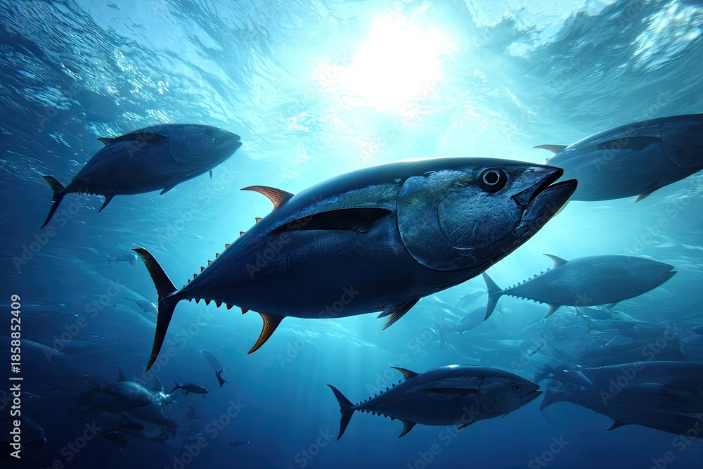 Fototapeta premium Underwater view of tuna fish swimming in blue ocean water with sunlight