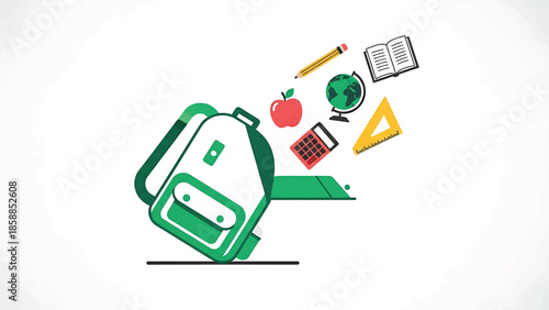 Illustration of a green backpack with essential school supplies book, globe, apple, pencil, calculator, ruler