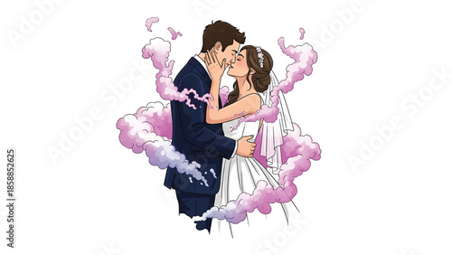 Illustration of a loving bride and groom sharing a tender kiss, surrounded by whimsical pink and purple clouds