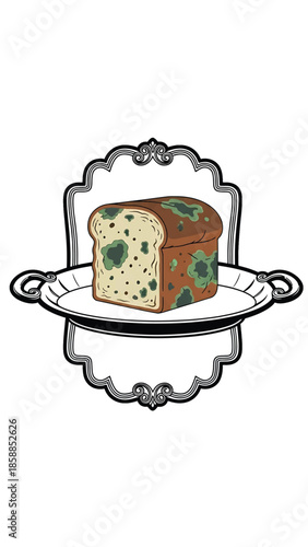 Illustration of a moldy loaf of sliced bread on a decorative platter with an ornate frame
