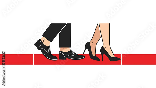 Illustration of a man's black dress shoes and a woman's black high heels walking on a red surface