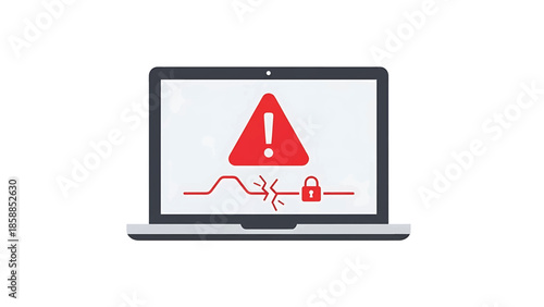 Illustration of a laptop screen showing a security alert, broken connection, and padlock icon