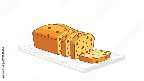 Illustration of a partially sliced loaf of raisin bread with a distinct pattern, resting on a white cutting board
