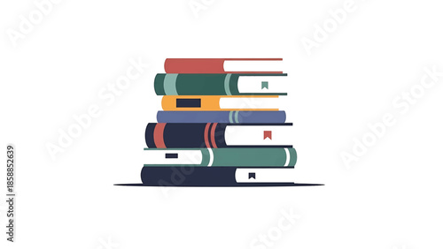 Illustration of a neatly stacked pile of colorful books with bookmarks on a solid white background, flat design