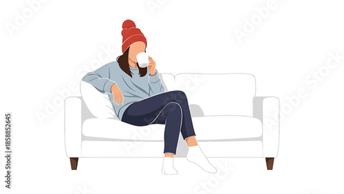 Illustration of a person in a beanie and sweater relaxing on a white sofa, sipping from a mug